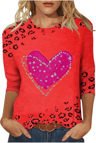 T Shirts for Women Three Quarter Length Sleeve Leopard Heart Graphic Tees Going Out Tops Casual Loose Fit Shirt Blouse in Saudi Arabia