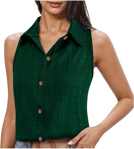 قميص حريمي بدون أكمام بأزرار سفلية وياقة من القطن والكتان، بلوزة كاجوال فضفاضة تناسب الصيف والربيع، سترة علوية للعمل in Kuwait