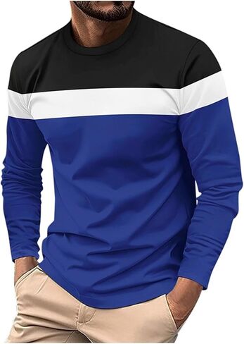 رجل ريترو كتلة اللون مخطط قميص طويل الأكمام Crewneck القمم عادية فضفاضة تناسب بلايز الكلاسيكية التباين البلوز تيز in Saudi Arabia