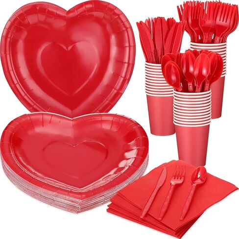 216 Pcs Valentines Day Heart Paper Plates Napkins Set Disposable Tableware Party Supplies, 36 Paper Plates 36 Paper Cups 36 Napkins 108 Plastic Knives, Forks and Spoons(Pink) in Kuwait