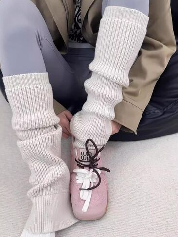 Thick Knit Leg Warmers, Beige, Slouchy Style, Long Ribbed Socks, One Size, Breathable, Yoga Fitness Sports, Calf Slimming in Saudi Arabia