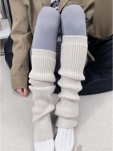 Thick Knit Leg Warmers, Beige, Slouchy Style, Long Ribbed Socks, One Size, Breathable, Yoga Fitness Sports, Calf Slimming in Saudi Arabia
