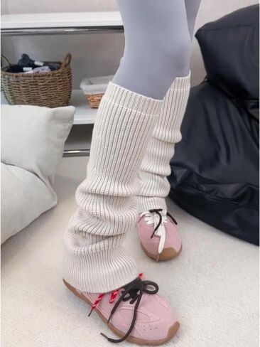 Thick Knit Leg Warmers, Beige, Slouchy Style, Long Ribbed Socks, One Size, Breathable, Yoga Fitness Sports, Calf Slimming in Saudi Arabia