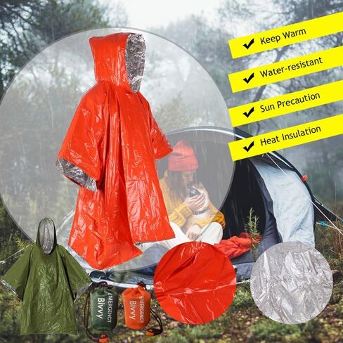 2pcs Emergency Raincoat,Keep Up 90% Body Heat,Reusable Raincoat,Adult Use,Jacket, Suitable for Camping,Hiking Green + Orange in Saudi Arabia