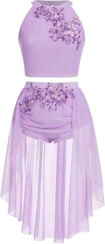 Women Lyrical Dance Costume Halter Floral Sequins Crop Top High-Low Skirt with Briefs Adult Contemporary Dance Dress in Saudi Arabia