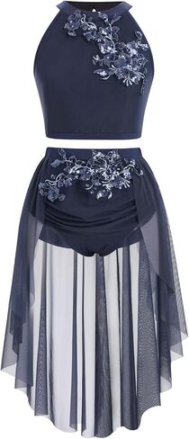 Women Lyrical Dance Costume Halter Floral Sequins Crop Top High-Low Skirt with Briefs Adult Contemporary Dance Dress in Saudi Arabia