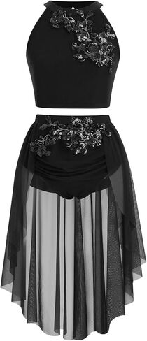 Women Lyrical Dance Costume Halter Floral Sequins Crop Top High-Low Skirt with Briefs Adult Contemporary Dance Dress in Saudi Arabia