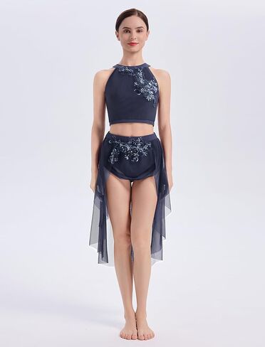Women Lyrical Dance Costume Halter Floral Sequins Crop Top High-Low Skirt with Briefs Adult Contemporary Dance Dress in Saudi Arabia
