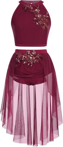 Women Lyrical Dance Costume Halter Floral Sequins Crop Top High-Low Skirt with Briefs Adult Contemporary Dance Dress in Saudi Arabia