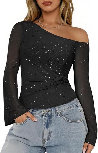 Aupuls Sparkly Tops for Women Bell Sleeve Off Shoulder Top Sequin Concert Outfits in Kuwait