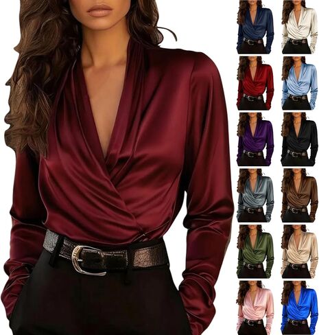 Satin Blouses for Women Wrap V Neck Long Sleeve Top Drape Ruched Front Shirts Spring Dressy Tops for Business Work in Saudi Arabia
