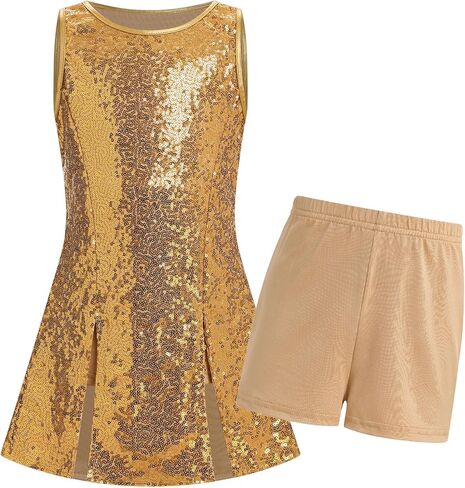AFAVOM Girls Sequin Dance Outfit Dress for Kids Hip Hop Jazz Dance Outfits Sparkly Sleeveless Top and Shorts Dancewear 5-12Y in Saudi Arabia