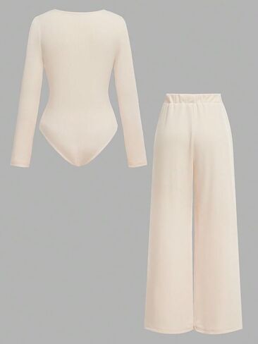 Girls 2 Piece Wide Leg Pants Set Bodysuit with Snap Nude Fall Casual Outfits Kids for 8-12Y in Kuwait