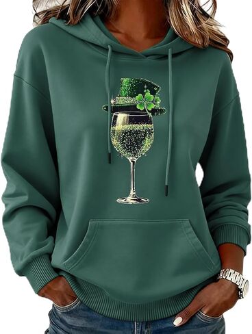 سويت شيرت نسائي بقلنسوة على شكل قلب من St Patricks Day، بلوفر بغطاء رأس أيرلندي لاكي للعطلات مع جيوب in Kuwait