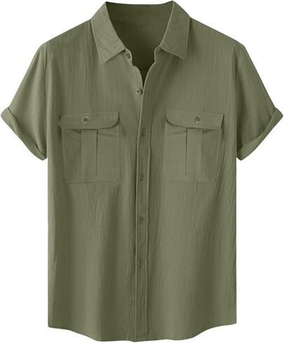 Men's Linen Shirts Casual Short Sleeve Button Down Shirt Plus Size Vacation Lapel Beach Summer Tops with Pockets in Saudi Arabia