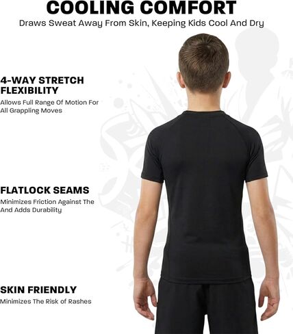 قميص ضغط Exxact Sports Kids BJJ Rash Guard بأكمام قصيرة، مصنف No Gi Jiu Jitsu للأولاد والبنات لفنون القتال المختلطة والمصارعة in Kuwait