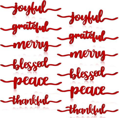 12 Pieces Christmas Thankful Blessed Merry Joyful Peace Family Wood Cutout Rustic Thankful Plate Letter Sign Decor Inspirational Letter Wood Sign for Home Table Plates Table (Red, Stylish Style) in Saudi Arabia