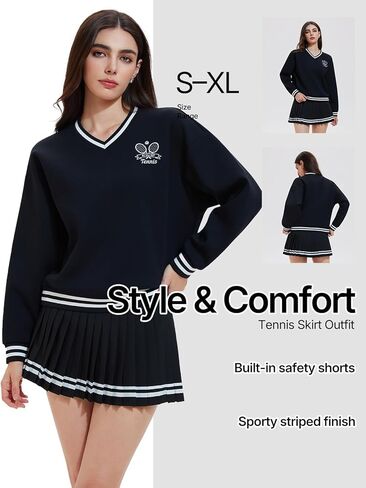 Women's Long Sleeve Tennis Skirt Set 2 Piece Golf Outfit, V-Neck Sweater & Skort with Pockets, Preppy Pickleball Sport Suits in Saudi Arabia