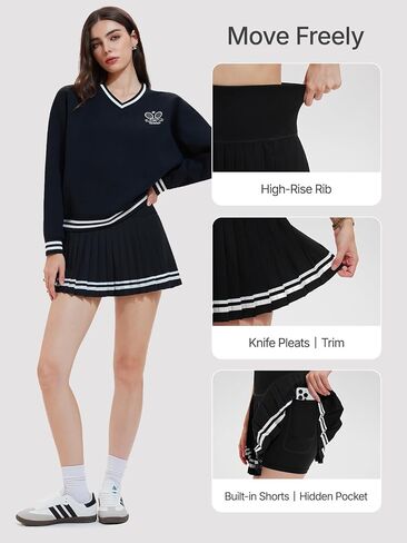 Women's Long Sleeve Tennis Skirt Set 2 Piece Golf Outfit, V-Neck Sweater & Skort with Pockets, Preppy Pickleball Sport Suits in Saudi Arabia