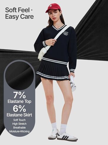 Women's Long Sleeve Tennis Skirt Set 2 Piece Golf Outfit, V-Neck Sweater & Skort with Pockets, Preppy Pickleball Sport Suits in Saudi Arabia