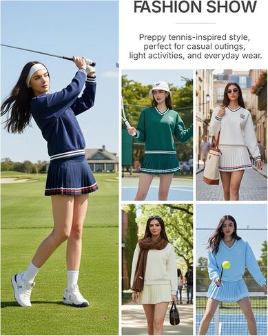 Women's Long Sleeve Tennis Skirt Set 2 Piece Golf Outfit, V-Neck Sweater & Skort with Pockets, Preppy Pickleball Sport Suits in Saudi Arabia