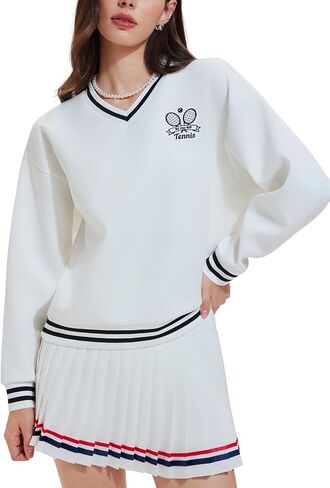 Women's Long Sleeve Tennis Skirt Set 2 Piece Golf Outfit, V-Neck Sweater & Skort with Pockets, Preppy Pickleball Sport Suits in Saudi Arabia