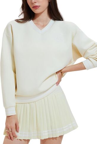 Women's Long Sleeve Tennis Skirt Set 2 Piece Golf Outfit, V-Neck Sweater & Skort with Pockets, Preppy Pickleball Sport Suits in Saudi Arabia