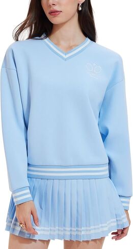 Women's Long Sleeve Tennis Skirt Set 2 Piece Golf Outfit, V-Neck Sweater & Skort with Pockets, Preppy Pickleball Sport Suits in Saudi Arabia