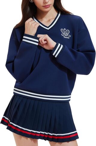 Women's Long Sleeve Tennis Skirt Set 2 Piece Golf Outfit, V-Neck Sweater & Skort with Pockets, Preppy Pickleball Sport Suits in Saudi Arabia