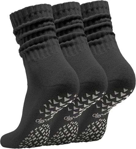 Women’s Pilates Socks with Grips – 3 Pairs Scrunch Crew Non-Slip Yoga Barre Workout Hospital Slipper Slouch Socks in Saudi Arabia