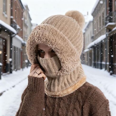 Womens Winter Hat and Face Mask Set with One-Piece Design, Cold Weather Gear for Commuting, Winter Walks and Snow Activities, Windproof Warm Protection for Adult Head Size 22.0-22.8 Inches, Khaki in Saudi Arabia