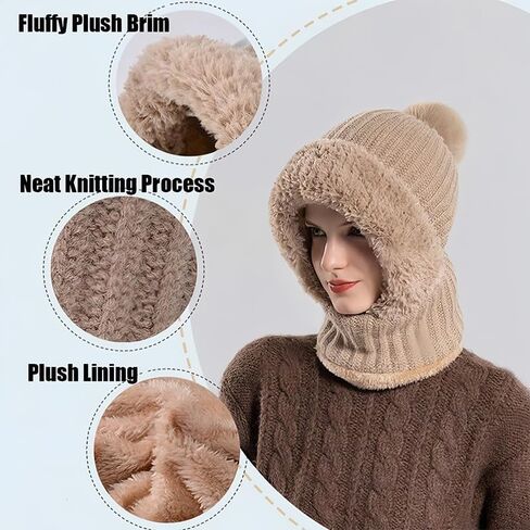 Womens Winter Hat and Face Mask Set with One-Piece Design, Cold Weather Gear for Commuting, Winter Walks and Snow Activities, Windproof Warm Protection for Adult Head Size 22.0-22.8 Inches, Khaki in Saudi Arabia