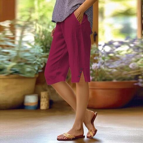 Womens Bermuda Shorts Knee Length Lightweight Dressy Causal Elastic Waist Linen Shorts Casual Summer Beach Outfits in Saudi Arabia
