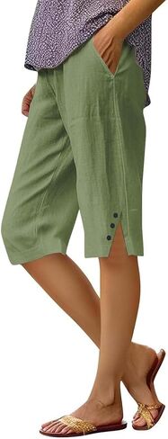 Womens Bermuda Shorts Knee Length Lightweight Dressy Causal Elastic Waist Linen Shorts Casual Summer Beach Outfits in Saudi Arabia