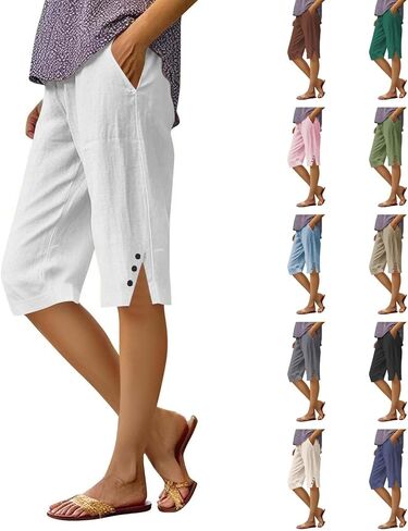 Womens Bermuda Shorts Knee Length Lightweight Dressy Causal Elastic Waist Linen Shorts Casual Summer Beach Outfits in Saudi Arabia