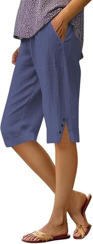 Womens Bermuda Shorts Knee Length Lightweight Dressy Causal Elastic Waist Linen Shorts Casual Summer Beach Outfits in Saudi Arabia