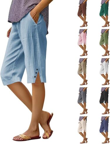 Womens Bermuda Shorts Knee Length Lightweight Dressy Causal Elastic Waist Linen Shorts Casual Summer Beach Outfits in Saudi Arabia