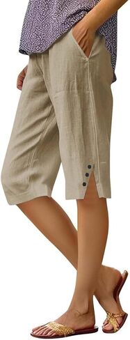 Womens Bermuda Shorts Knee Length Lightweight Dressy Causal Elastic Waist Linen Shorts Casual Summer Beach Outfits in Saudi Arabia