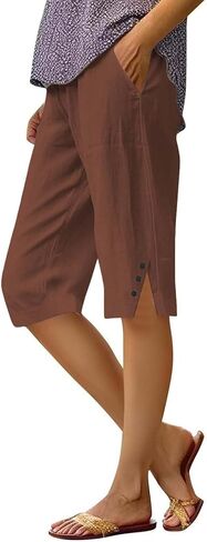 Womens Bermuda Shorts Knee Length Lightweight Dressy Causal Elastic Waist Linen Shorts Casual Summer Beach Outfits in Saudi Arabia