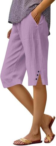 Womens Bermuda Shorts Knee Length Lightweight Dressy Causal Elastic Waist Linen Shorts Casual Summer Beach Outfits in Saudi Arabia