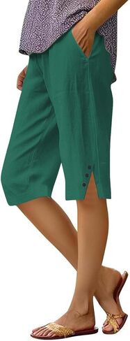 Womens Bermuda Shorts Knee Length Lightweight Dressy Causal Elastic Waist Linen Shorts Casual Summer Beach Outfits in Saudi Arabia