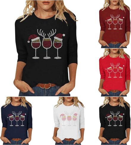 Women's Christmas Rhinestones Wine Glass Sparkly Shirt 3/4 Tops and Tees Plus Size Holiday Xmas Party Costumes in Saudi Arabia