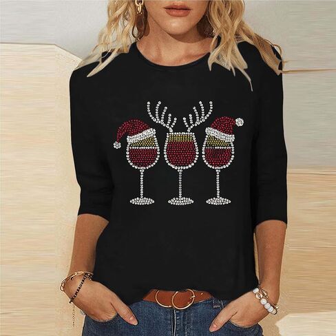 Women's Christmas Rhinestones Wine Glass Sparkly Shirt 3/4 Tops and Tees Plus Size Holiday Xmas Party Costumes in Saudi Arabia