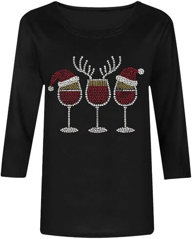 Women's Christmas Rhinestones Wine Glass Sparkly Shirt 3/4 Tops and Tees Plus Size Holiday Xmas Party Costumes in Saudi Arabia