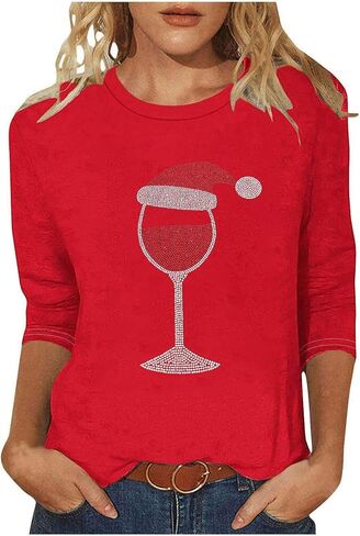 Women's Christmas Rhinestones Wine Glass Sparkly Shirt 3/4 Tops and Tees Plus Size Holiday Xmas Party Costumes in Saudi Arabia