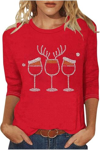 Women's Christmas Rhinestones Wine Glass Sparkly Shirt 3/4 Tops and Tees Plus Size Holiday Xmas Party Costumes in Saudi Arabia