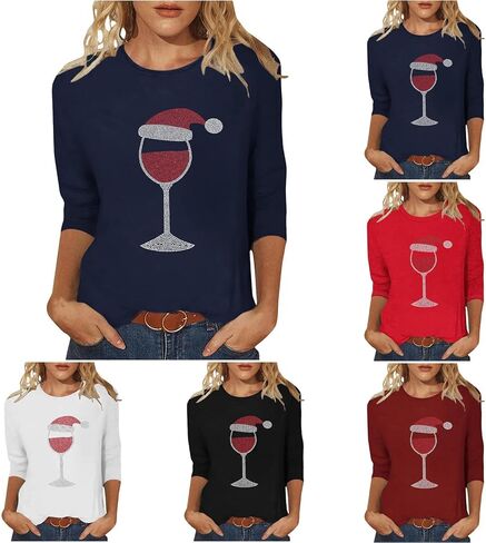 Women's Christmas Rhinestones Wine Glass Sparkly Shirt 3/4 Tops and Tees Plus Size Holiday Xmas Party Costumes in Saudi Arabia