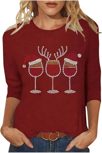 Women's Christmas Rhinestones Wine Glass Sparkly Shirt 3/4 Tops and Tees Plus Size Holiday Xmas Party Costumes in Saudi Arabia