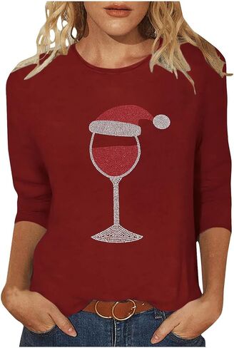 Women's Christmas Rhinestones Wine Glass Sparkly Shirt 3/4 Tops and Tees Plus Size Holiday Xmas Party Costumes in Saudi Arabia