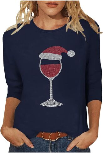 Women's Christmas Rhinestones Wine Glass Sparkly Shirt 3/4 Tops and Tees Plus Size Holiday Xmas Party Costumes in Saudi Arabia